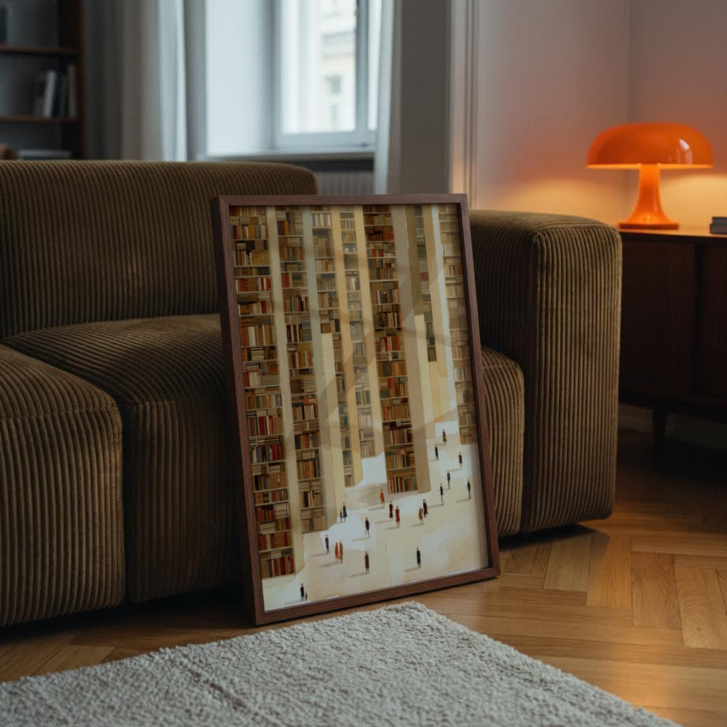 Painterly library scene poster showing massive shelves and tiny people