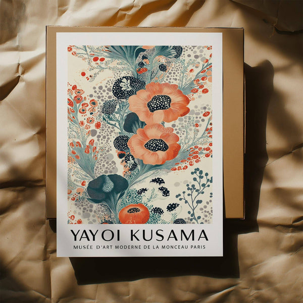 Bright floral poster wall art with orange blooms and dark flower centers