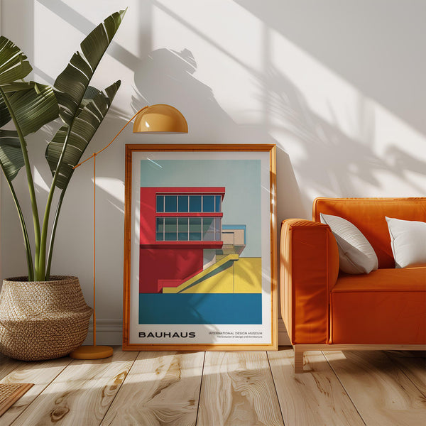 Mid century modern art prints highlighting abstract building shapes and bold linear design.