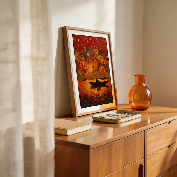 Boat gliding on reflective river with mosaic-style city backdrop and warm orange glow