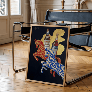 Vintage Beverage Art poster featuring zebras for a bar room in blue and red