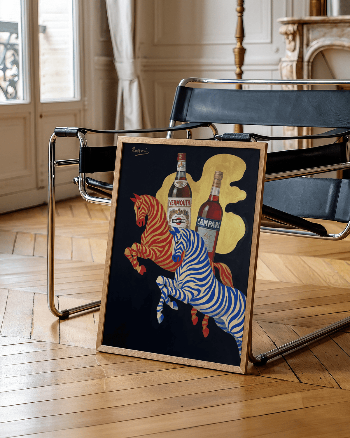 Vintage Beverage Art poster featuring zebras for a bar room in blue and red