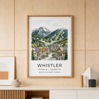 Close-up wall art print showing Whistler village rooftops and church spire beneath alpine mountains