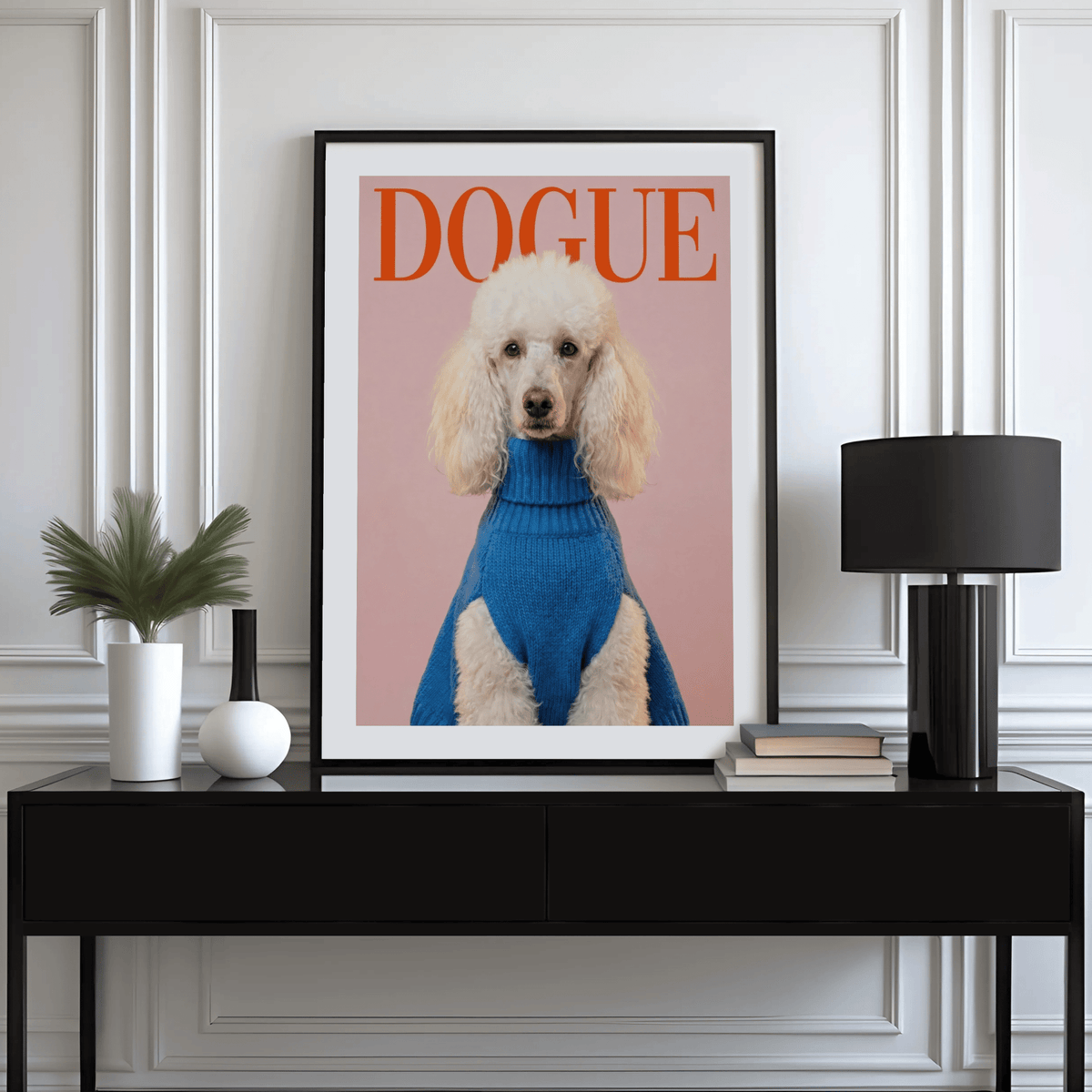 Dogue Poodle Print wall art with pink background for playful living rooms