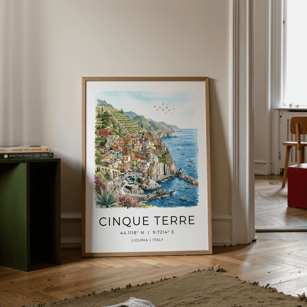Cinque Terre Art Print depicting terraced hills, fishing boats, and open sky