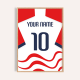 Camiseta de fútbol personalizada - blanca con estampado de ondas rojas — wooden-frame main image