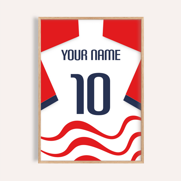 Front-facing USA Soccer Jersey Poster showing jersey silhouette with name text and large number