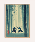 Samurai Bamboo Wall Art print showing two silhouettes crossing swords in a misty grove