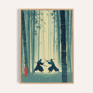 Framed print of a samurai duel in blue and green tones with bamboo trees