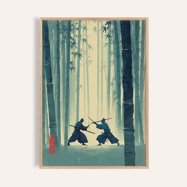Samurai Bamboo Wall Art print showing two silhouettes crossing swords in a misty grove
