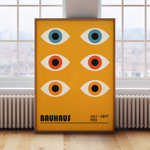 Retro Bauhaus geometric eye poster in bold colours
