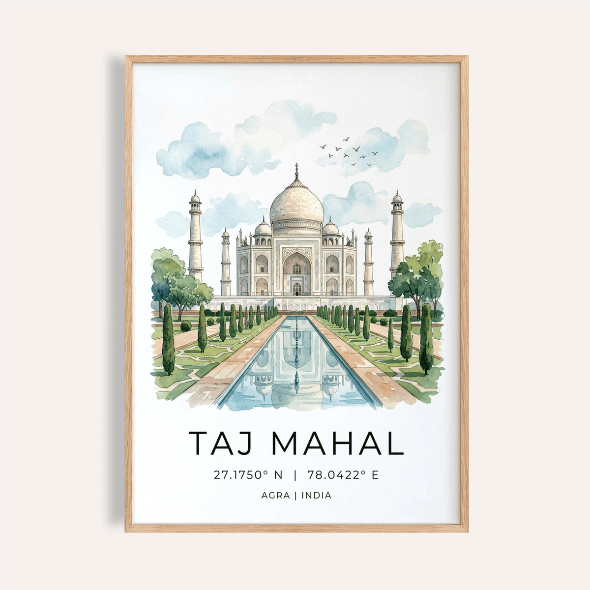 Taj Mahal Art Print watercolor illustration with reflecting pool