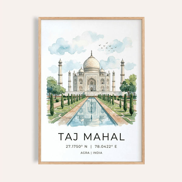 Taj Mahal Art Print watercolor illustration with reflecting pool