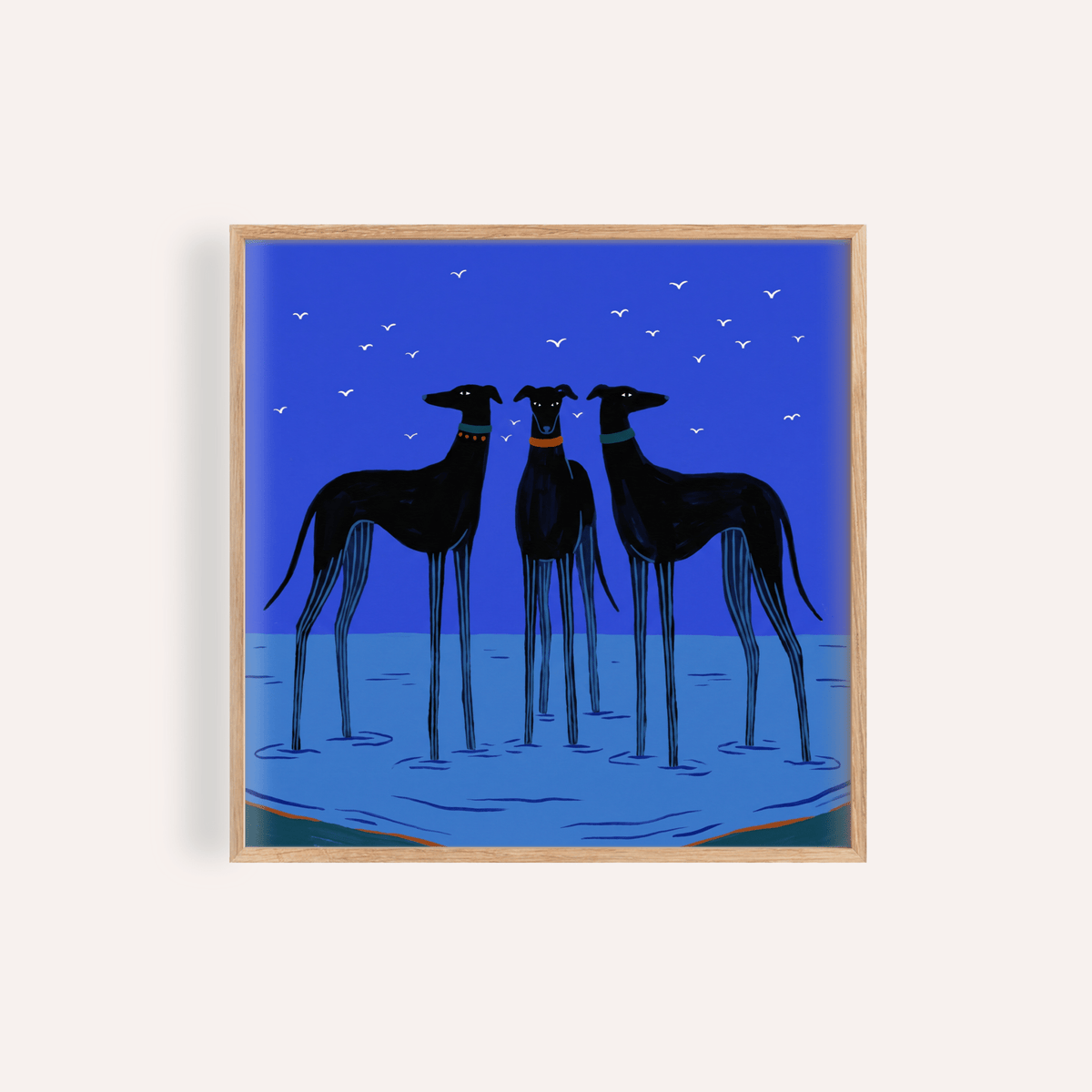 Modern Dog Wall Art print of three greyhound silhouettes with white birds