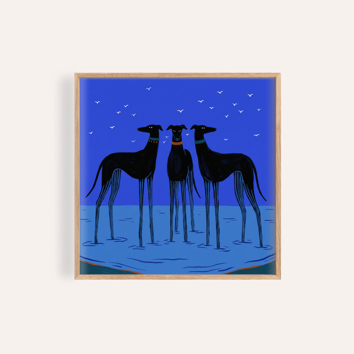 Modern Dog Wall Art print of three greyhound silhouettes with white birds