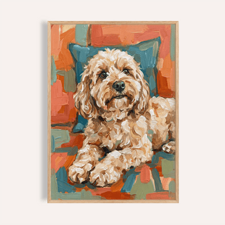 Framed Cockapoo Print showing a cream and brown dog illustration with blue and orange abstract background