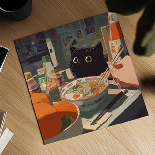 Black cat illustration in ramen wall art with nostalgic atmosphere.