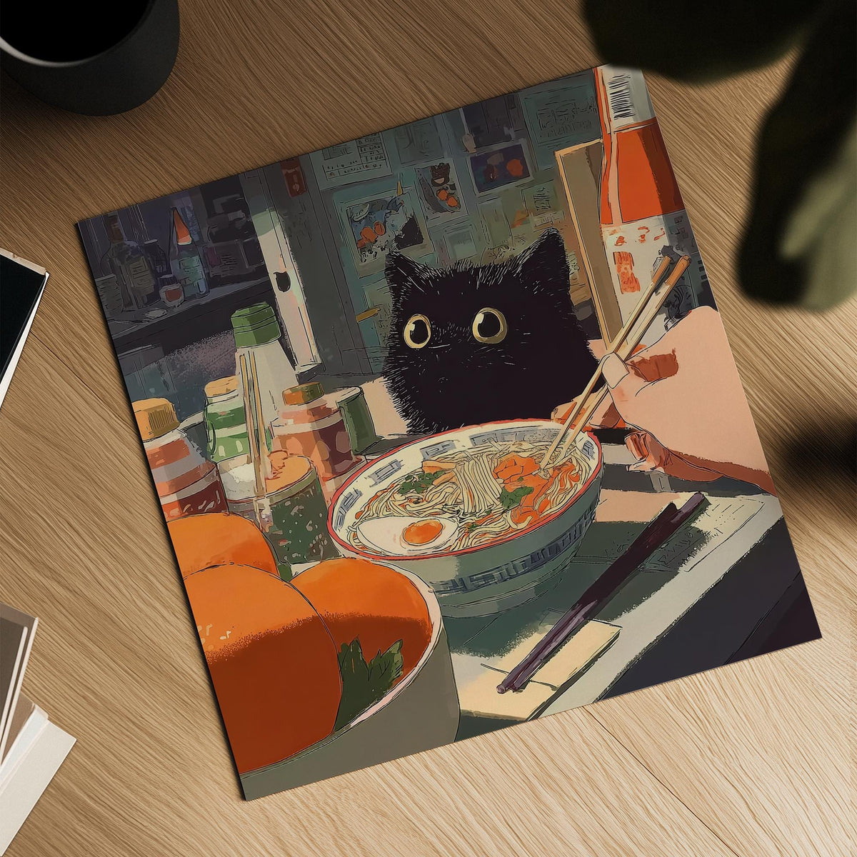 Black cat illustration in ramen wall art with nostalgic atmosphere.