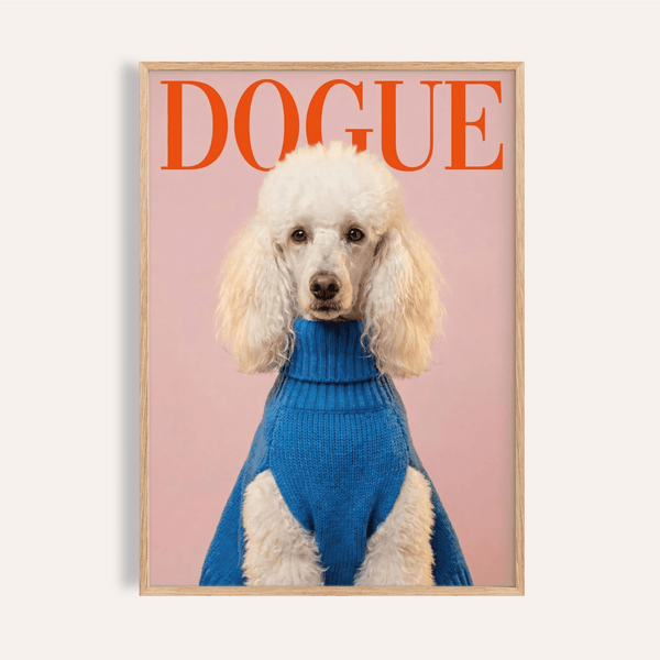 Dogue Poodle Print in pink, blue, and red for living room wall art