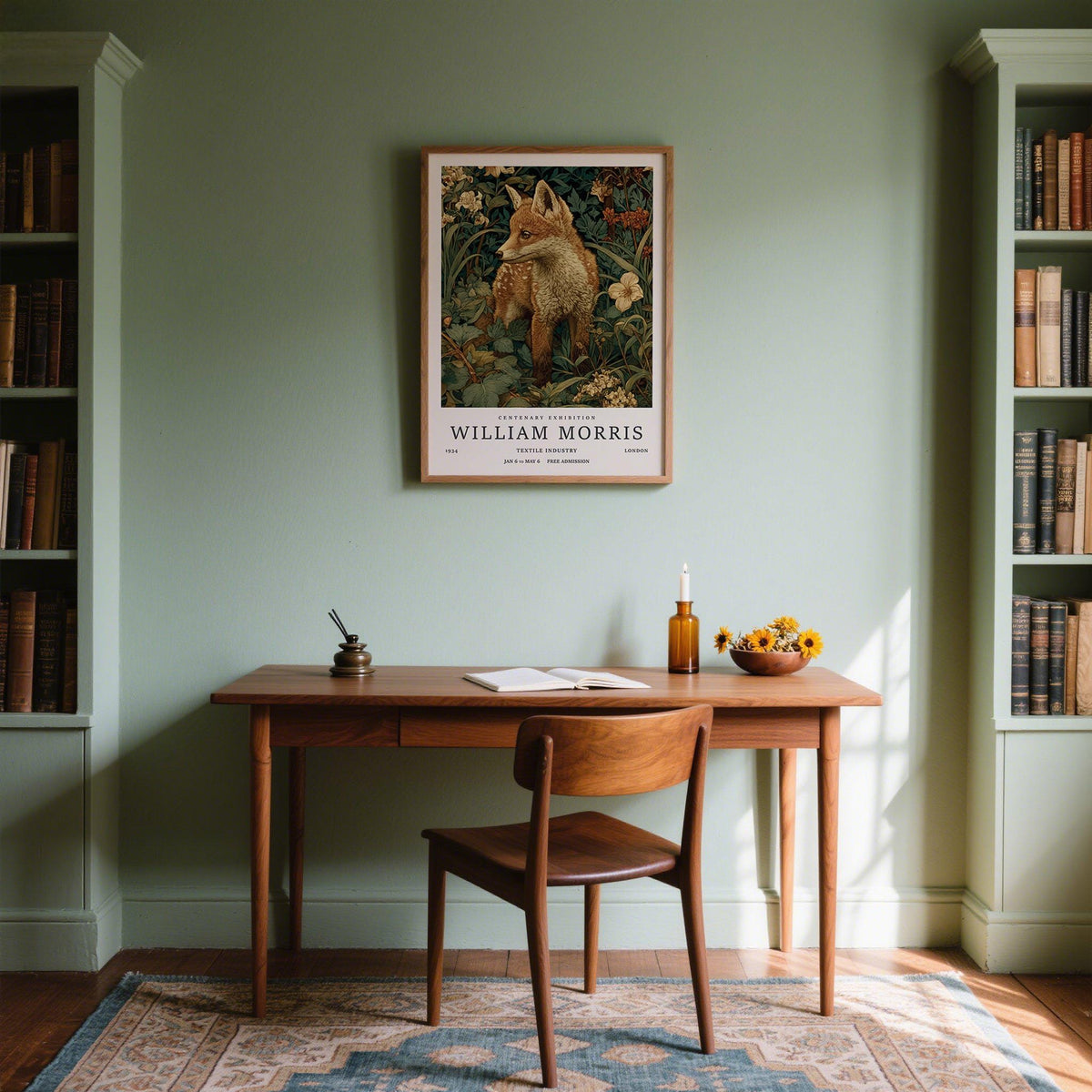 Cottagecore Wall Art featuring woodland fox cub in botanical setting.