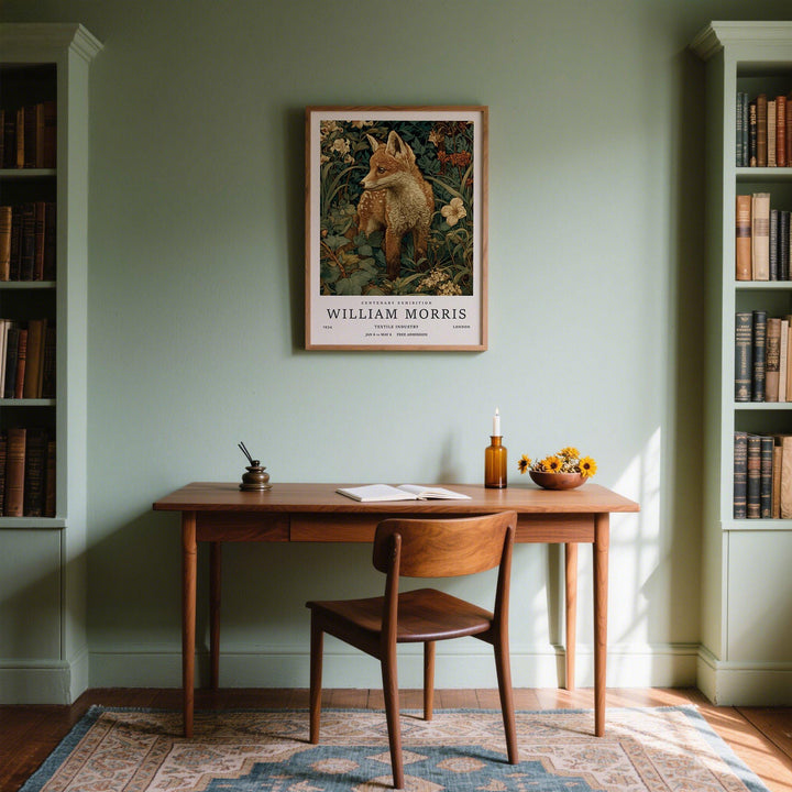 Cottagecore wall art of a fox in foliage with beige flowers above a wooden desk in a study