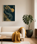 Chinese Dragon Art Print striking blue and gold in home office