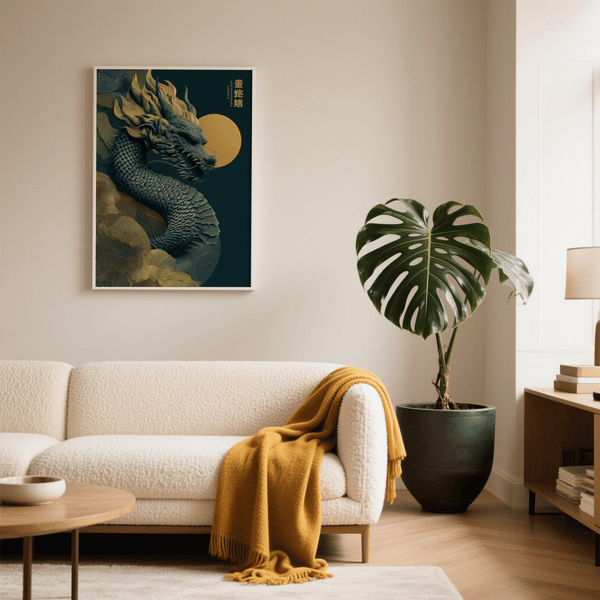 Chinese Dragon Art Print striking blue and gold in home office