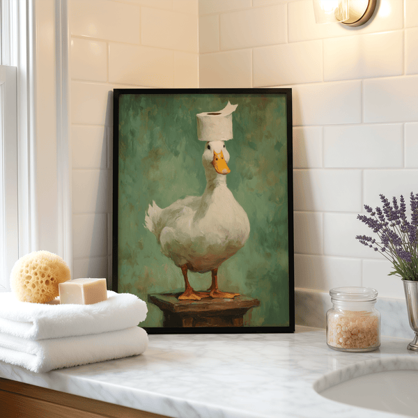 Painterly duck wall art featuring a duck with orange beak and legs against a Green background