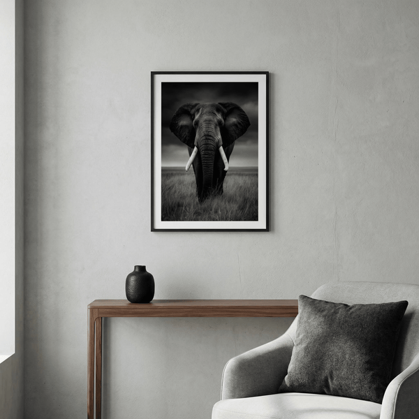 Centered elephant portrait print with deep wrinkles and sweeping tusks
