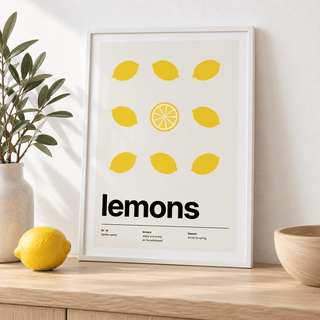 Close view of the grid of yellow lemons with green leaves showing the fine print detail