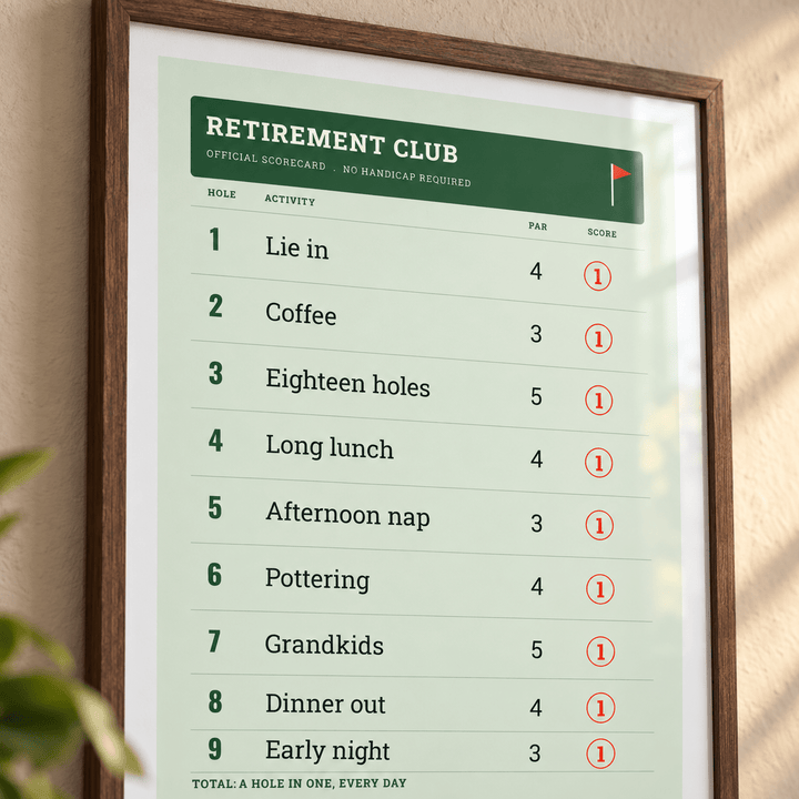 Close view of the green and cream golf card print showing the fine print detail