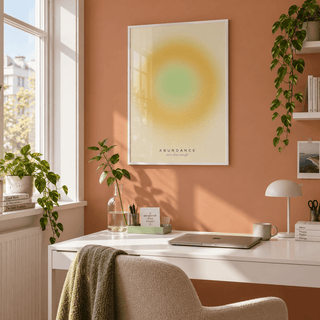 Mustard halo with green centre print in a home office against a peach wall