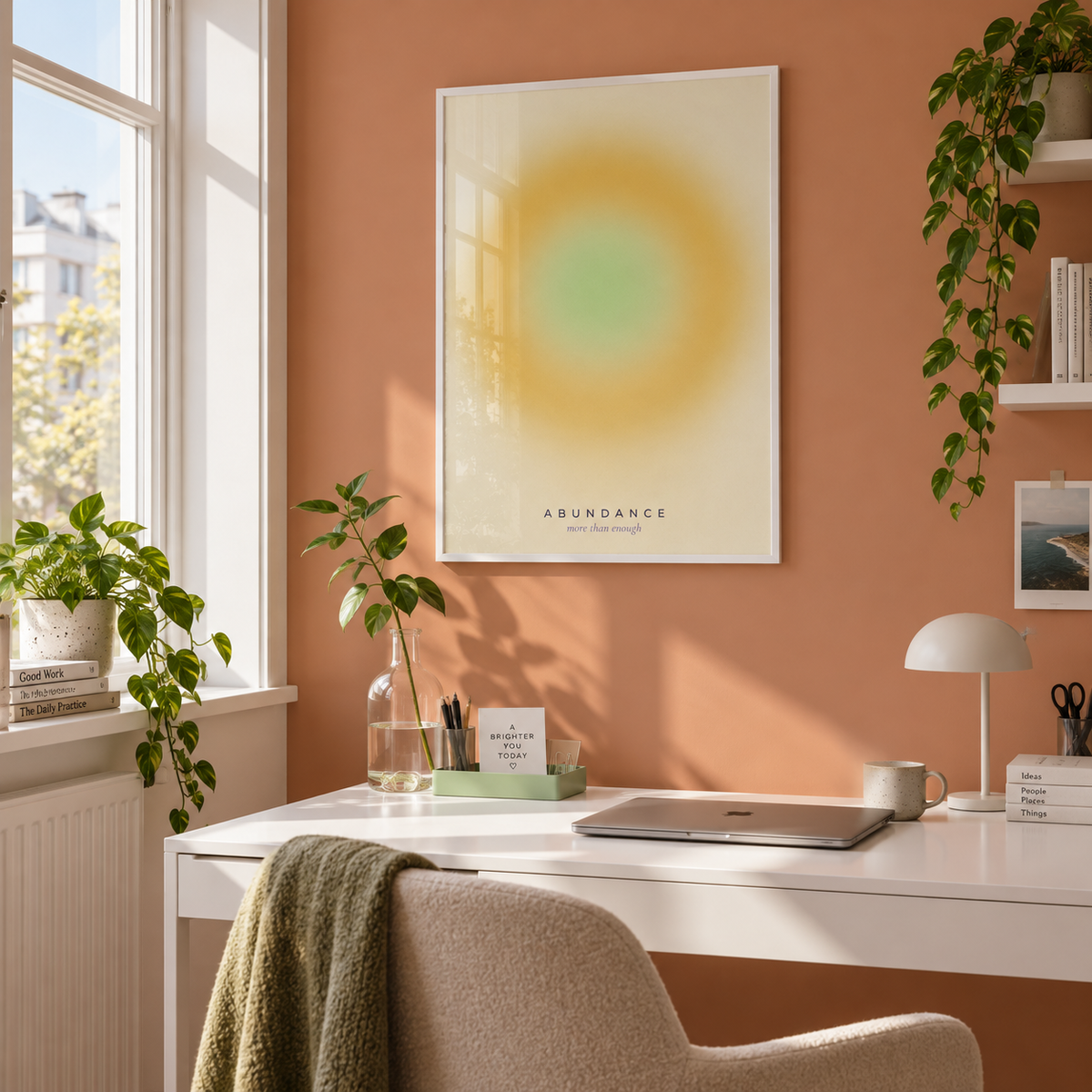 Mustard halo with green centre print in a home office against a peach wall
