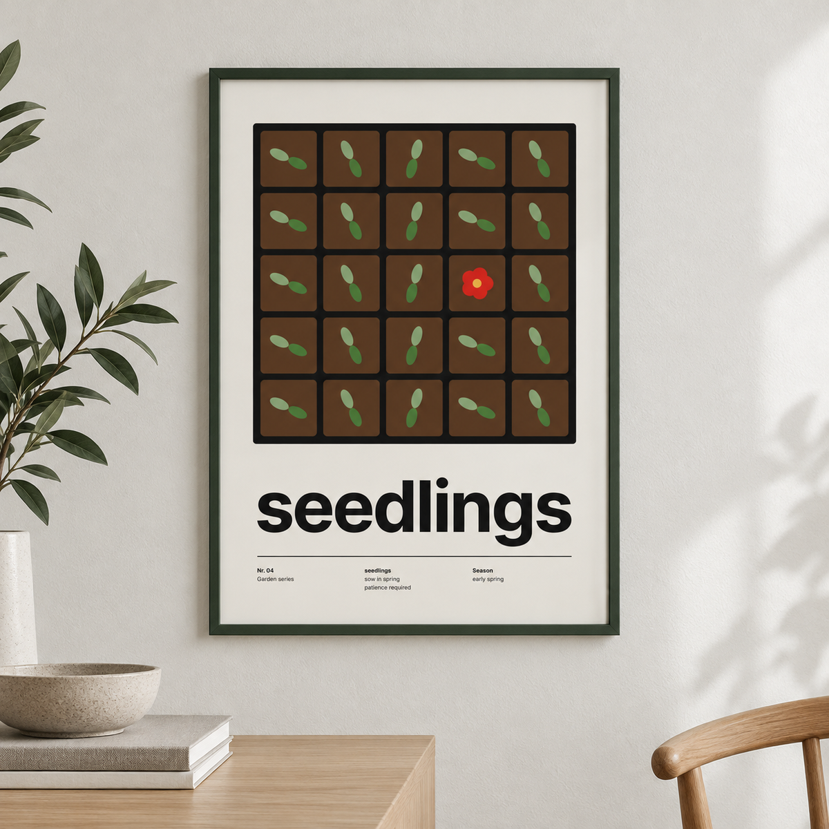 Close view of the tray of seedlings from above showing the fine print detail