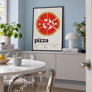 Sliced pizza with one slice pulled out print in a dining alcove against a blue wall