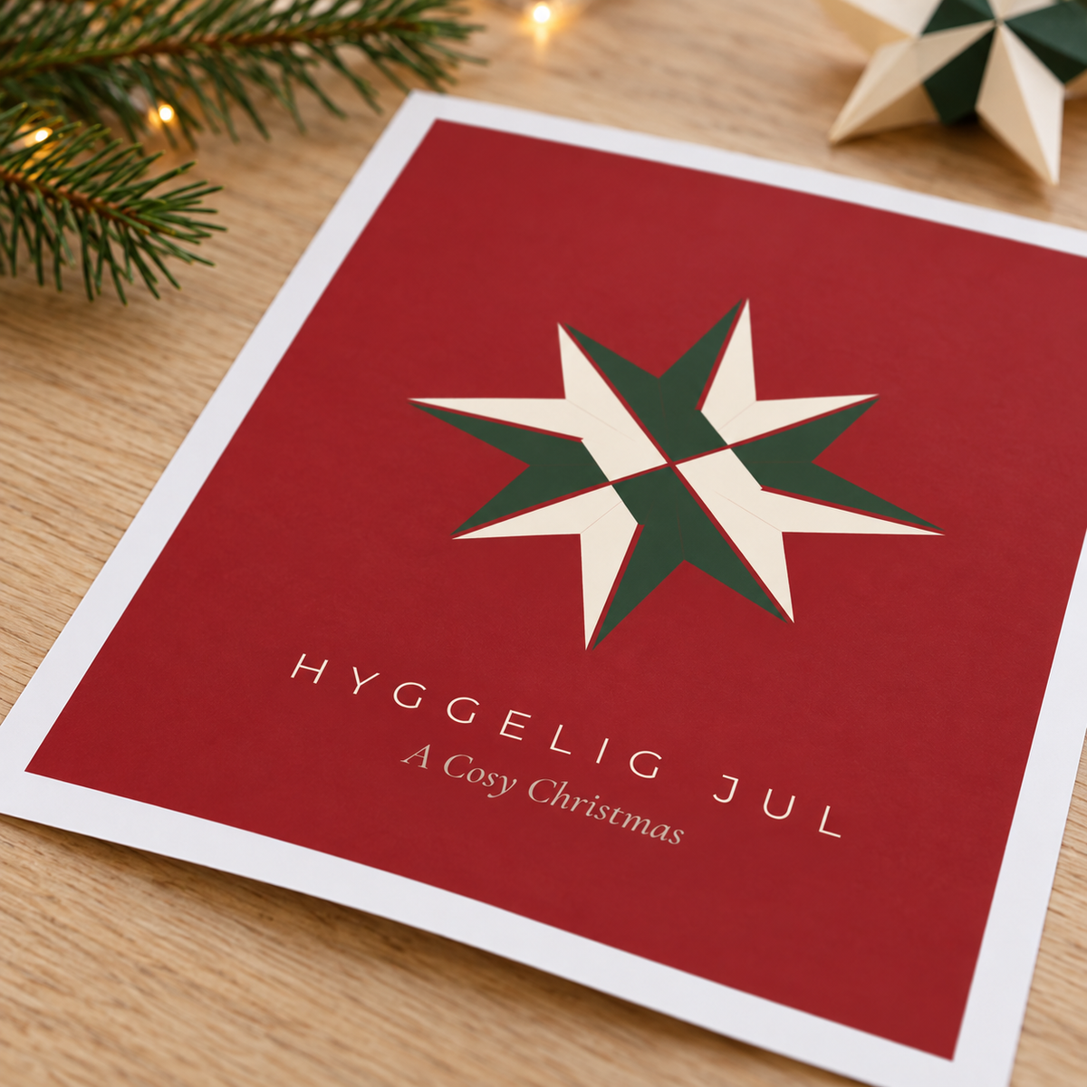 Close view of the Scandi folded star print showing the paper texture and lettering