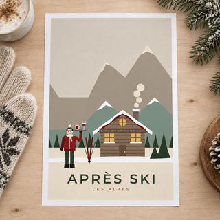 Close view of the snowy log chalet print showing the paper texture and lettering