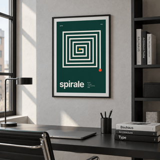 Geometric square spiral print in a bright home office