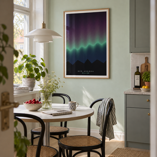 Rare red aurora over mountains print in a kitchen against a mint wall