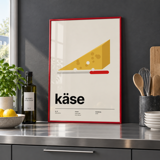 Emmental wedge with red knife print on a shelf in a kitchen against a charcoal wall