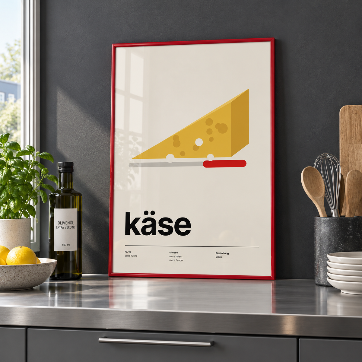 Emmental wedge with red knife print on a shelf in a kitchen against a charcoal wall