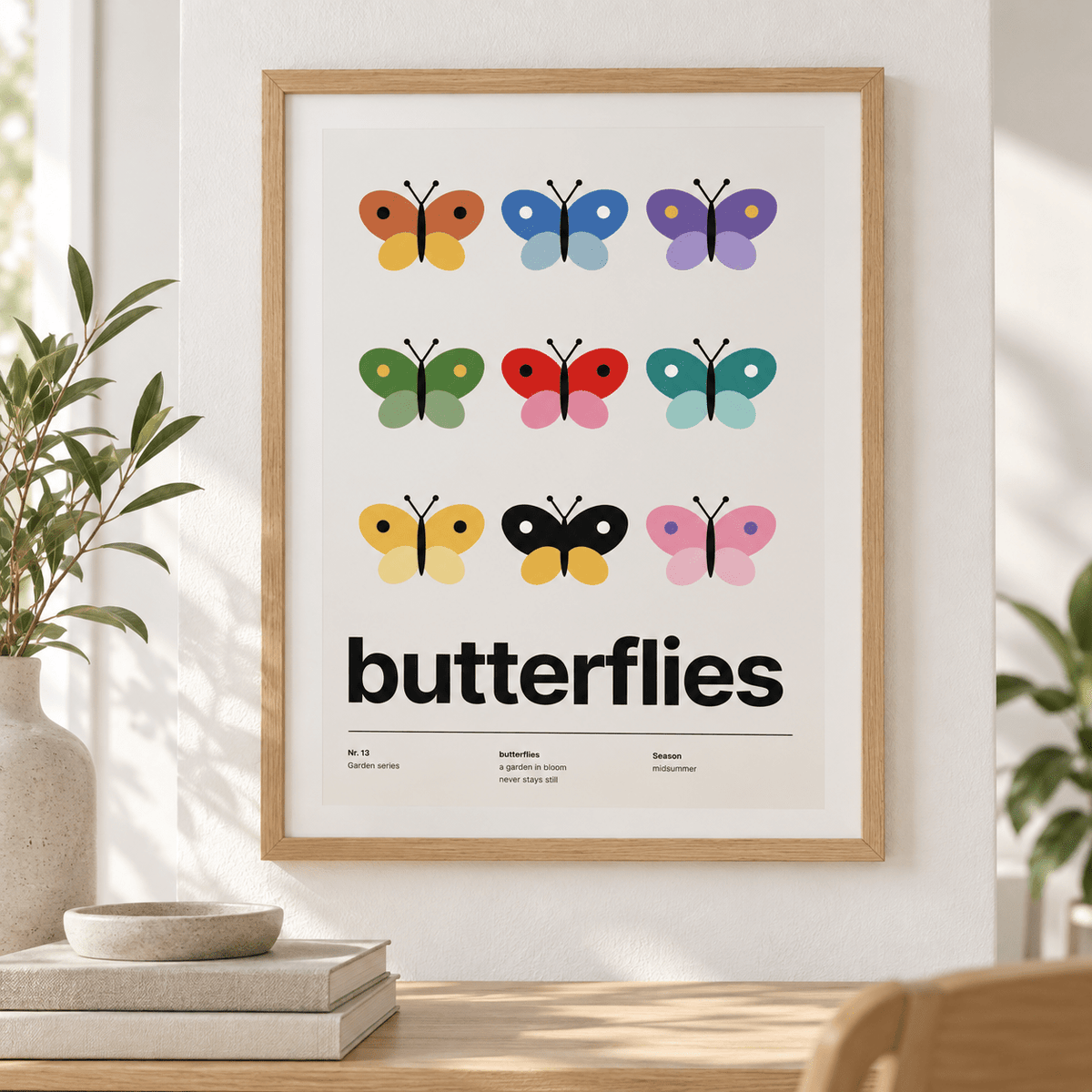 Close view of the nine colourful butterflies in a grid showing the fine print detail