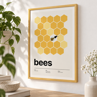 Close view of the golden honeycomb grid with one bee showing the fine print detail