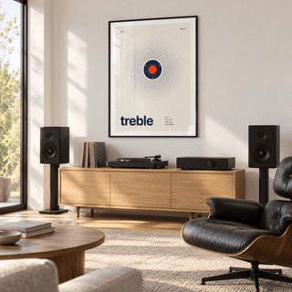 Small navy tweeter on cream print in a mid century living room