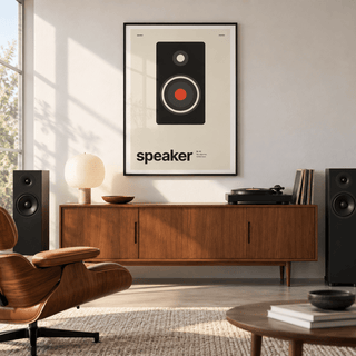 Studio speaker with red cone print in a mid century living room