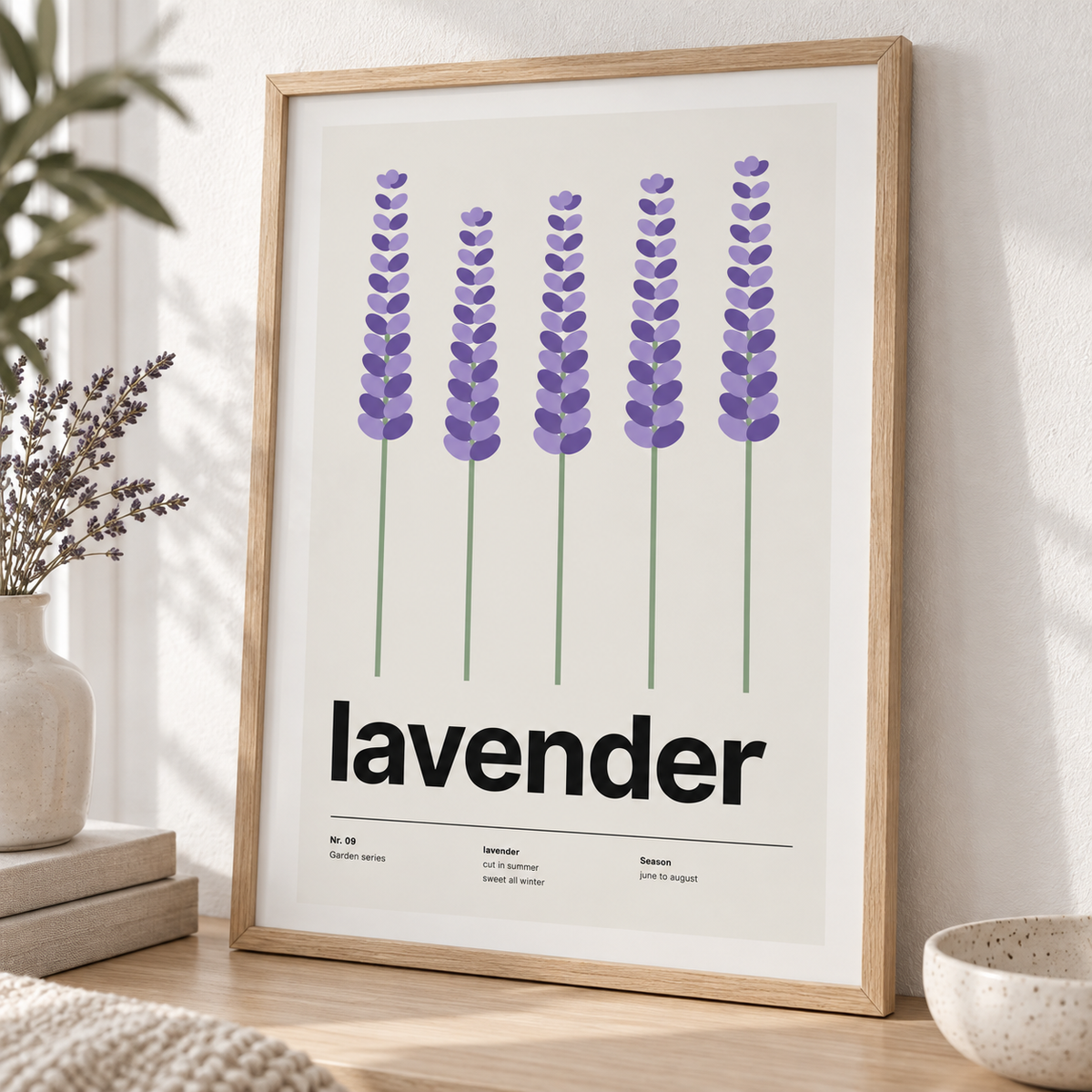 Close view of the five tall lavender stems showing the fine print detail