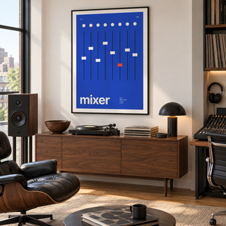 Cobalt blue mixer with one red fader print in a mid century living room