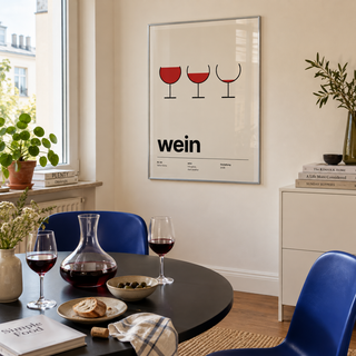 Swiss style red wine glasses print in a cream dining room