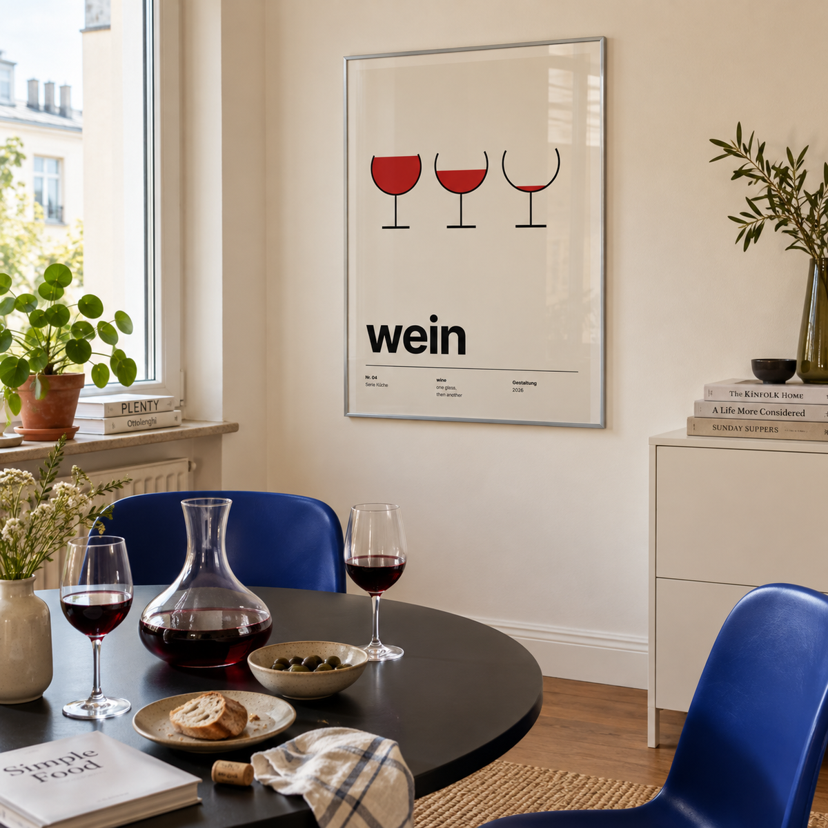 Swiss style red wine glasses print in a cream dining room