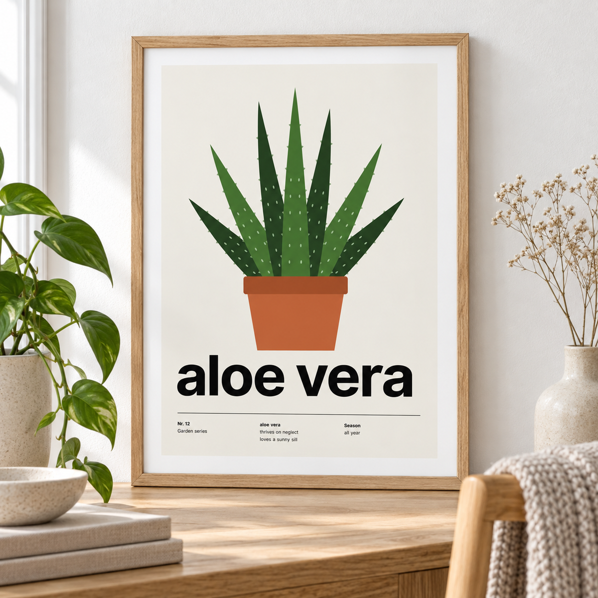 Close view of the aloe vera in a terracotta pot showing the fine print detail